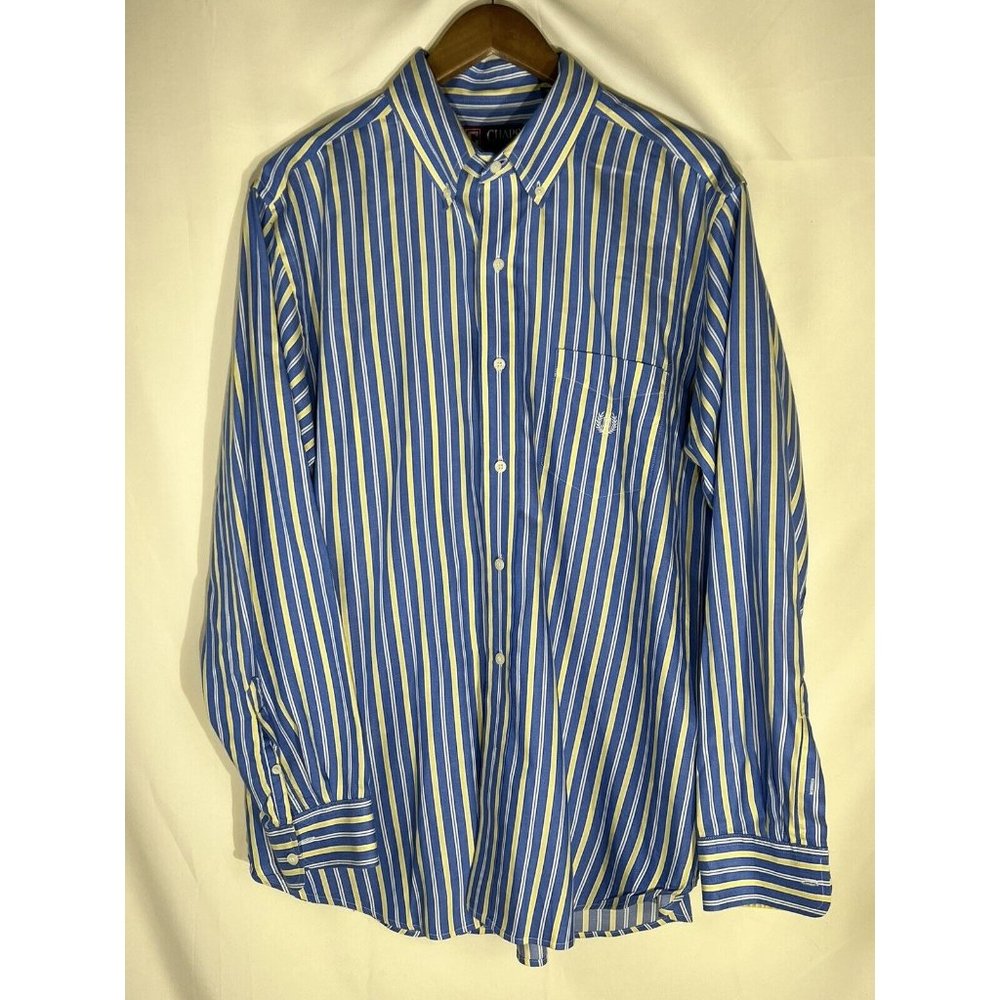 Chaps Dress shirt yellow white blue striped size L Long Sleeve
